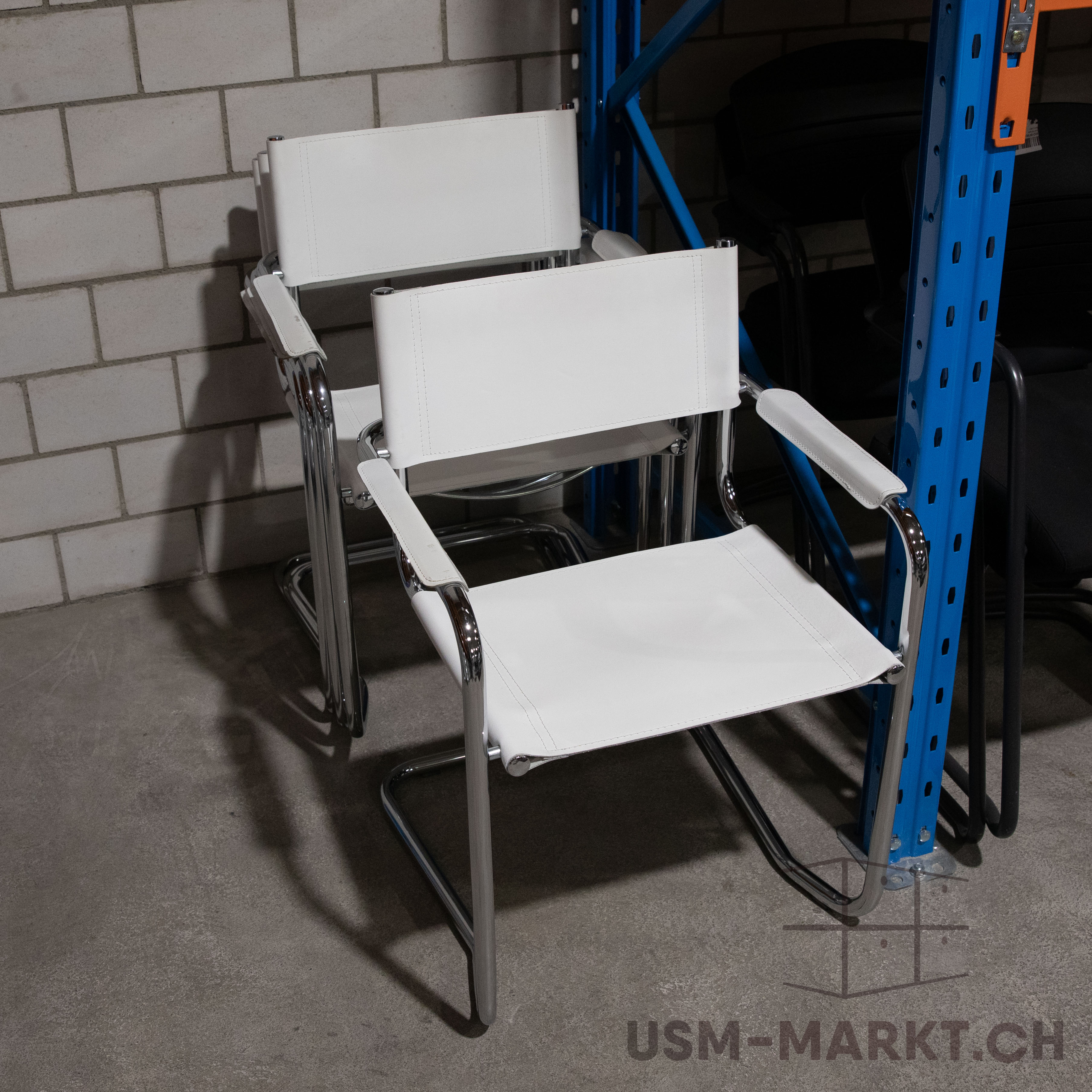 4er Set Freischwinger Leder Weiss Chrom
